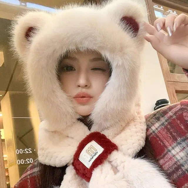 佩洛依 【秋冬必备】可爱小熊围巾帽子一体加绒保暖加厚护耳连帽围脖防寒帽潮 腈纶 斗篷帽 女款