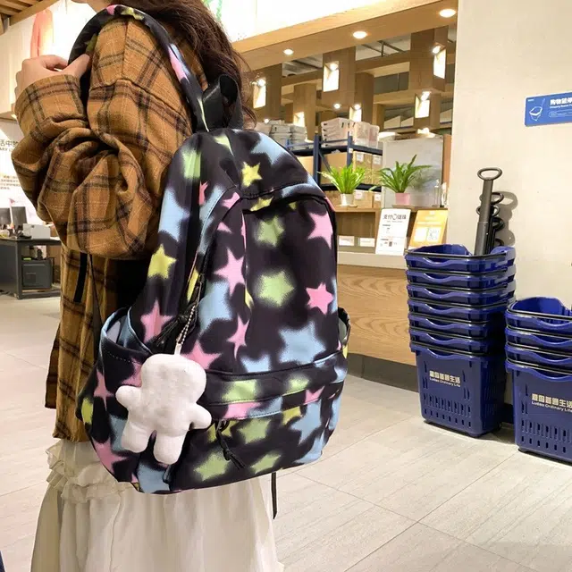 爱尔绅特 拉链开合百搭 尼龙 双肩包 常规 男女同款情侣款 白色/黑色/彩条纹