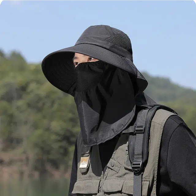 佩洛依 轻便遮阳帽子透气护颈一体大帽檐钓鱼登山帽户外春夏季透气渔夫帽防风大檐 聚酯纤维 防晒帽 男女同款情侣款
