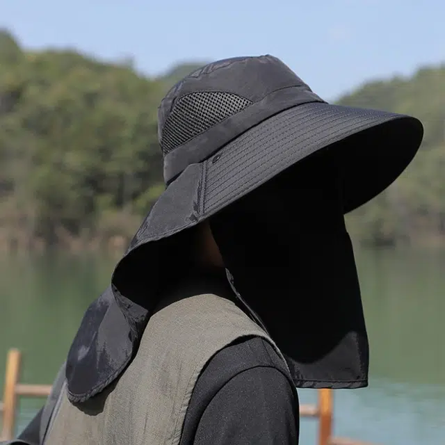 佩洛依 轻便遮阳帽子透气护颈一体大帽檐钓鱼登山帽户外春夏季透气渔夫帽防风大檐 聚酯纤维 防晒帽 男女同款情侣款