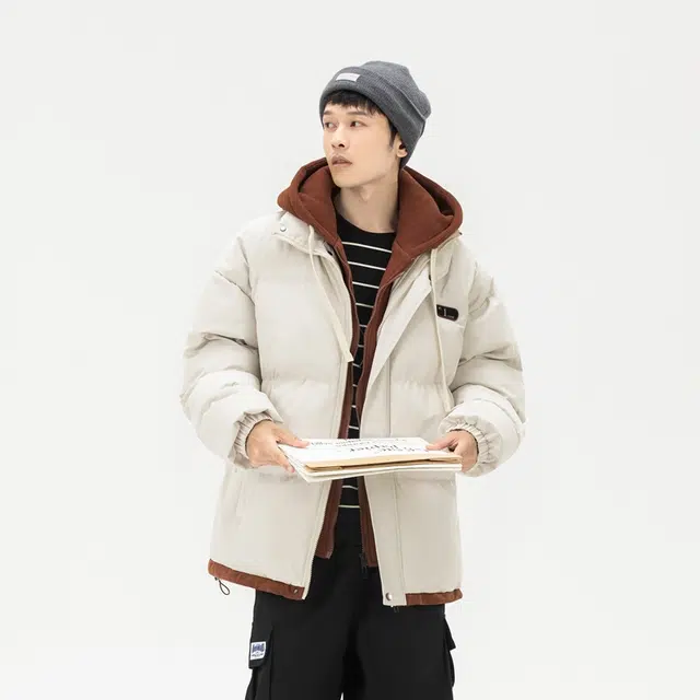 棉基因 春秋季撞色假两件拼接双色防寒优质棉棒球服高个子小个子日系男简约潮流美式高街工装风青少年职场通勤学院风棉衣外套 男女同款