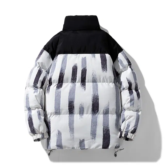 棉基因 冬季扎染撞色拼接涂鸦优质棉棒球服保暖高个小个子日系男简约潮流夹棉袄子美式高街工装风青少年职场通勤学院风棉衣外套 男女同款