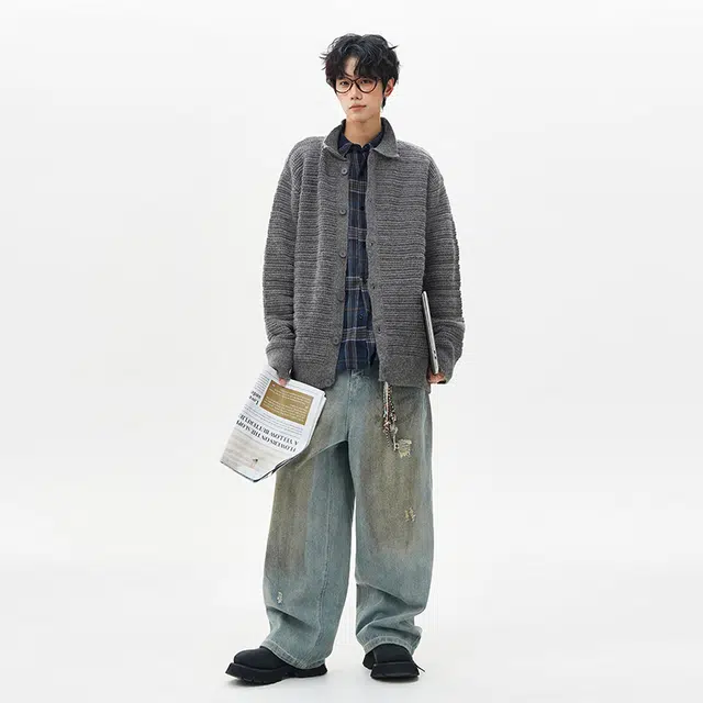 棉基因 老钱风翻领针织外套清新森系肌理感厚实内搭休闲运动氛围感职场通勤极简女装高街美式亲肤打底衣松弛感青少年学院风毛衣 男女同款