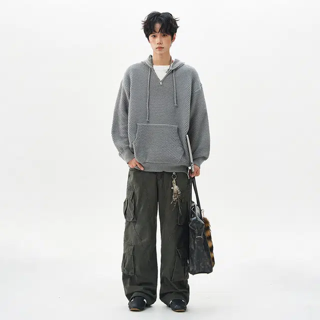 棉基因 半拉链连帽菠萝纹春秋季潮牌圆领基础宽松日系纯色复古简约男士重磅保暖打底衫慵懒套头上衣百搭情侣款毛衣 男女同款