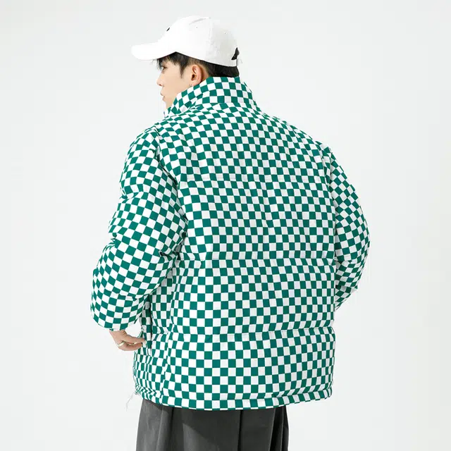 棉基因 冬季棋盘格撞色字母优质棉棒球服保暖高个小个子日系男简约潮流夹棉袄子美式高街工装风青少年职场通勤学院风棉衣外套 男女同款