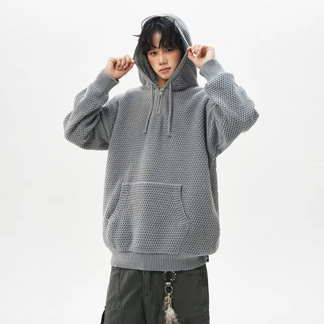 棉基因 半拉链连帽菠萝纹春秋季潮牌圆领基础宽松日系纯色复古简约男士重磅保暖打底衫慵懒套头上衣百搭情侣款毛衣 男女同款