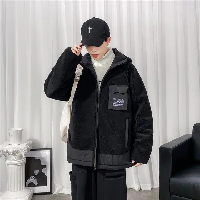 棉基因 冬季羊羔绒摇粒绒立领优质棉棒球服保暖高个小个子日系男简约潮流夹棉袄子美式高街工装风青少年职场通勤学院风棉衣外套 男女同款