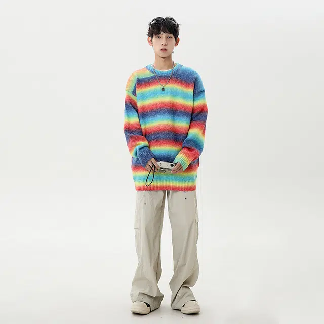 棉基因 混色渐变撞色毛线衣清新森系肌理感厚实内搭休闲运动氛围感职场通勤极简风女装高街美式亲肤打底衣松弛感青少年学院毛衣 男女同款