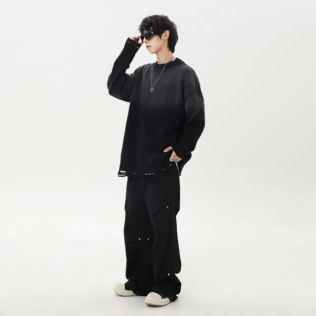 棉基因 渐变破洞针织毛线衣清新森系肌理感厚实内搭休闲运动氛围感职场通勤极简风女装高街美式亲肤打底衣松弛感青少年学院毛衣 男女同款