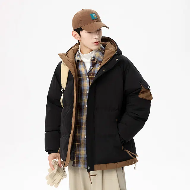 棉基因 冬季连帽撞色拼接优质棉棒球服保暖高个小个子日系男简约潮流夹棉袄子美式高街工装风青少年职场通勤学院风棉衣外套 男女同款