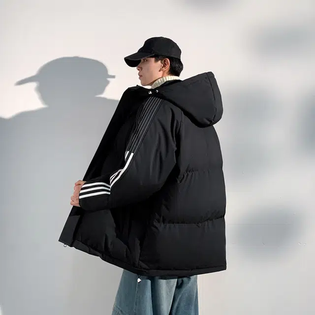 棉基因 冬季连帽纯色侧边条纹撞色优质棉棒球服保暖高个小个子日系男简约潮流夹棉袄子美式高街青少年职场通勤学院风棉衣外套 男女同款