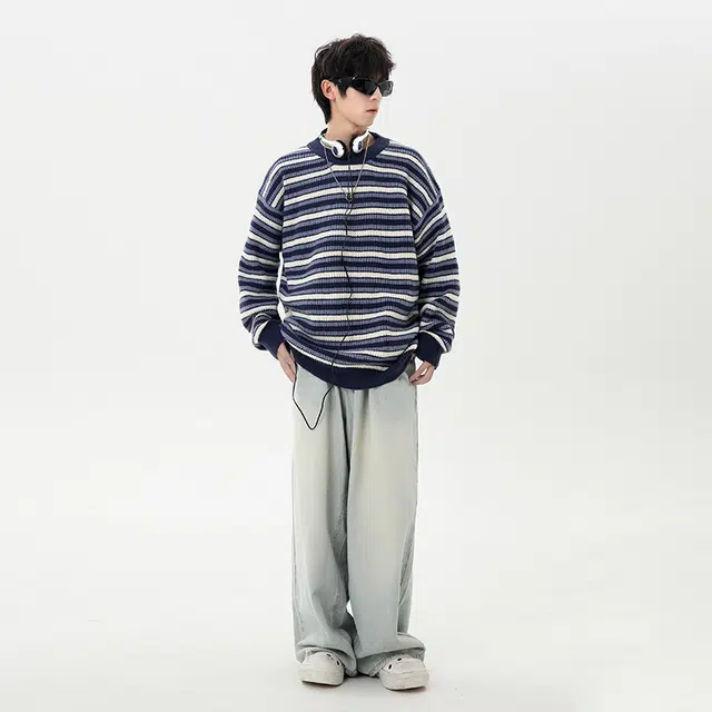 棉基因 撞色条纹针织毛线衣清新森系肌理感厚实内搭休闲运动氛围感职场通勤极简风女装高街美式亲肤打底衣松弛感青少年学院毛衣 男女同款