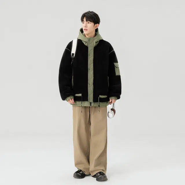 棉基因 冬季羊羔毛加绒拼接撞色连帽优质棉棒球服保暖高个小个子日系男简约潮流夹棉袄子美式高街青少年职场通勤学院风棉衣外套 男女同款