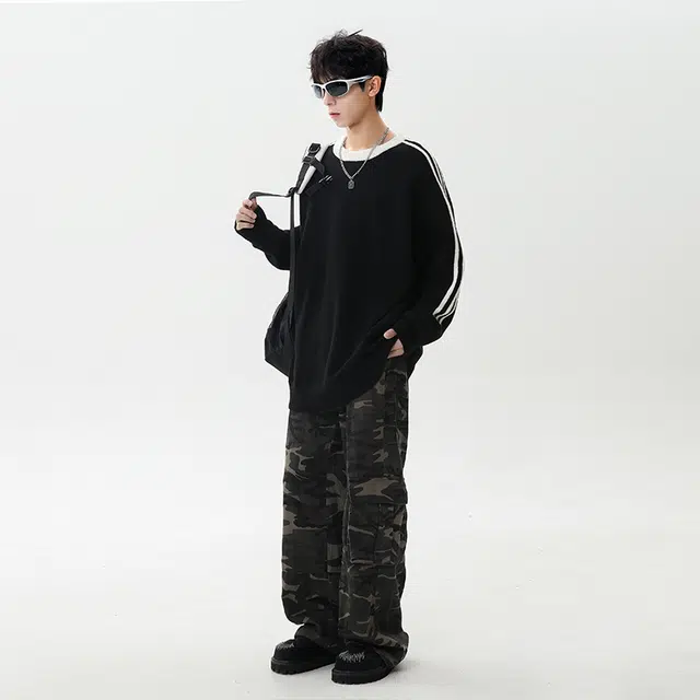 棉基因 三杠条纹双色毛线衣清新森系肌理感厚实内搭休闲运动氛围感职场通勤极简风女装高街美式亲肤打底衣松弛感青少年学院毛衣 男女同款