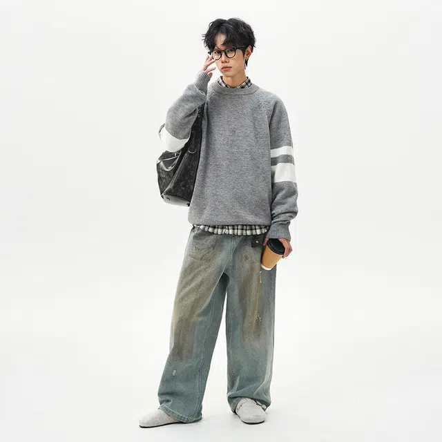 棉基因 清新森系拼接双杆拼色肌理感毛线厚实内搭休闲运动氛围感职场通勤极简风女装高街美式亲肤打底衣松弛感青少年学院风毛衣 男女同款