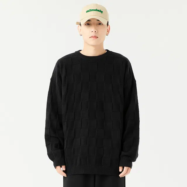 棉基因 棋盘格针织格子毛线衣清新森系肌理感厚实内搭休闲运动氛围感职场通勤极简女装高街美式亲肤打底衣松弛感青少年学院毛衣 男女同款