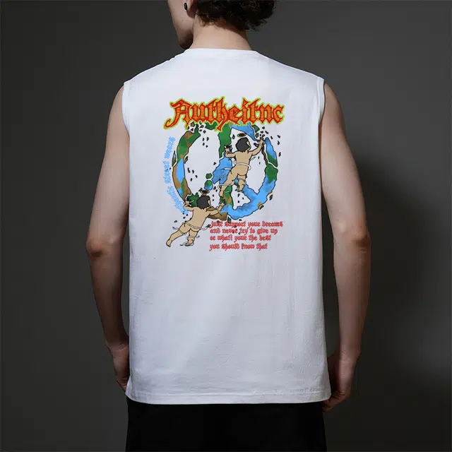 棉基因 夏季吸湿透气宽松圆领纯棉外穿打底衫篮球运动复古哥特风天使印花美式街头艺术涂鸦健身跑步无袖坎肩背心 男女同款