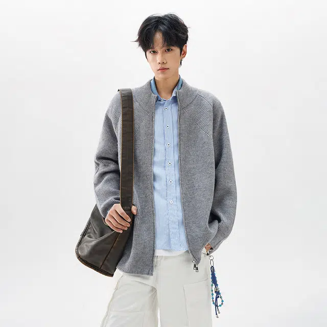 棉基因 立领双拉链开衫秋冬季潮牌圆领基础款宽松日系复古简约时尚男士重磅保暖慵懒套头上衣外套毛衣 男女同款