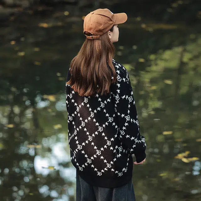 棉基因 满印菱格星星毛线衣清新森系肌理感厚实内搭休闲运动氛围感职场通勤极简风女装高街美式亲肤打底衣松弛感青少年学院毛衣 男女同款