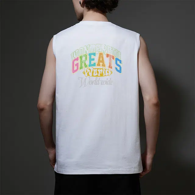 棉基因 透气抗菌健身夏季宽松圆领纯棉外穿打底衫篮球运动美式高街潮牌复古水洗做旧字母无袖坎肩背心 男女同款