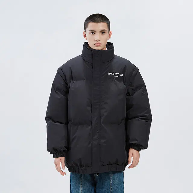 棉基因 冬季可拆卸袖字母马甲棉袄子优质棉棒球服保暖高个小个子日系男简约潮流夹美式高街工装风青少年职场通勤学院风棉衣外套 男女同款