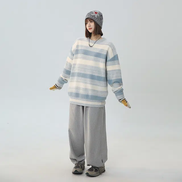棉基因 条纹撞色渐变毛线衣清新森系肌理感厚实内搭休闲运动氛围感职场通勤极简风女装高街美式亲肤打底衣松弛感青少年学院毛衣 男女同款