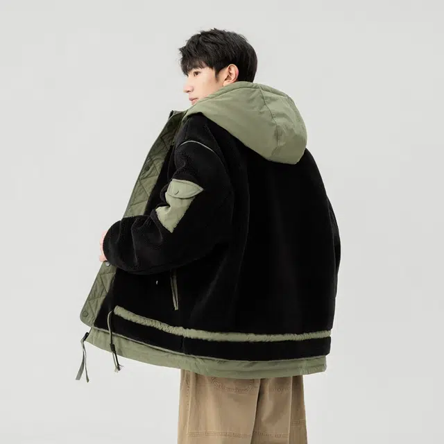 棉基因 冬季羊羔毛加绒拼接撞色连帽优质棉棒球服保暖高个小个子日系男简约潮流夹棉袄子美式高街青少年职场通勤学院风棉衣外套 男女同款