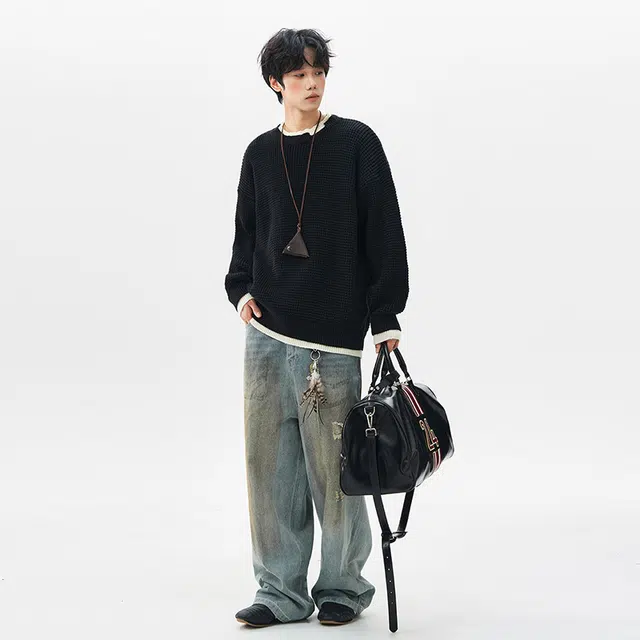 棉基因 清新森系双色拼色打底衣肌理感毛线厚实内搭休闲运动氛围感职场通勤极简风女装高街美式亲肤松弛感外套青少年学院风毛衣 男女同款