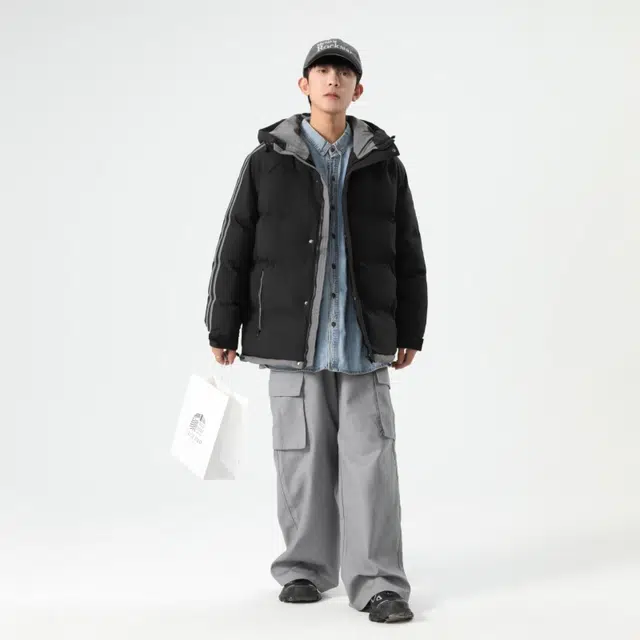 棉基因 冬季连帽侧边条纹撞色优质棉棒球服保暖高个大码日系男简约潮流夹棉袄子美式高街工装风青少年职场通勤学院风棉衣外套 男女同款