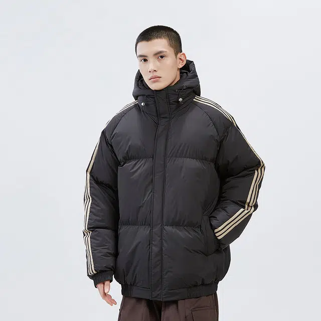 棉基因 冬季侧边条纹连帽撞色优质棉棒球服保暖高个小个子日系男简约潮流夹棉袄子美式高街工装风青少年职场通勤学院风棉衣外套 男女同款