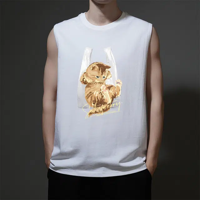 棉基因 夏季宽松圆领纯棉外穿小猫主题打底衫篮球运动数字趣味动物创意猫咪印花无袖坎肩背心 男女同款