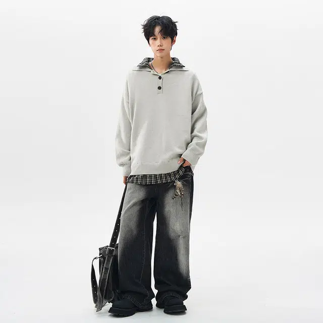 棉基因 格子翻领拼接清新森系肌理感毛线衣厚实内搭休闲运动氛围感职场通勤极简风女装高街美式亲肤打底衣松弛感青少年学院毛衣 男女同款