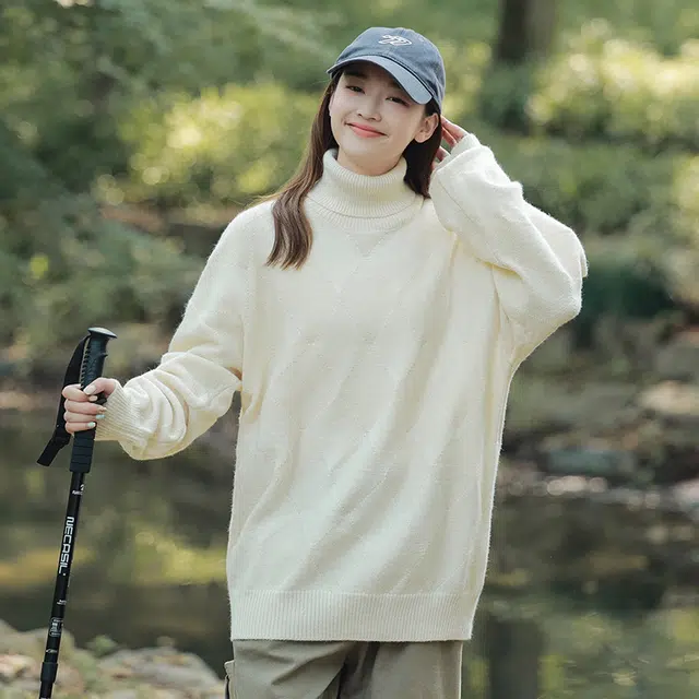 棉基因 高领菱格毛线衣清新森系肌理感厚实内搭休闲运动氛围感职场通勤极简风女装高街美式亲肤打底衣松弛感青少年学院风毛衣 男女同款