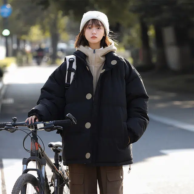 棉基因 冬季设计感撞色连帽假两件优质棉棒球服保暖高个小个子日系男简约潮流夹棉袄子美式高街工装青少年职场通勤学院棉衣外套 男女同款