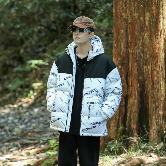 棉基因 冬季满印字母撞色连帽优质棉棒球服保暖高个小个子日系男简约潮流夹棉袄子美式高街工装风青少年职场通勤学院风棉衣外套 男女同款