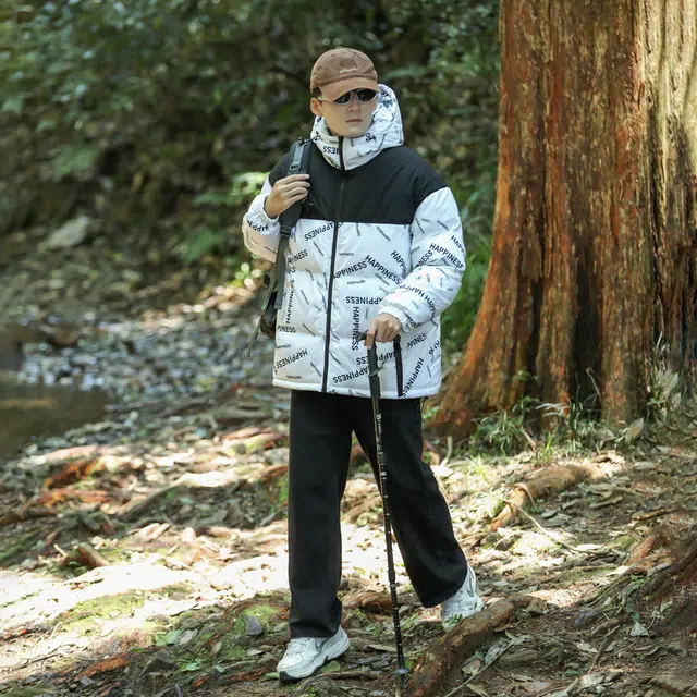 棉基因 冬季满印字母撞色连帽优质棉棒球服保暖高个小个子日系男简约潮流夹棉袄子美式高街工装风青少年职场通勤学院风棉衣外套 男女同款