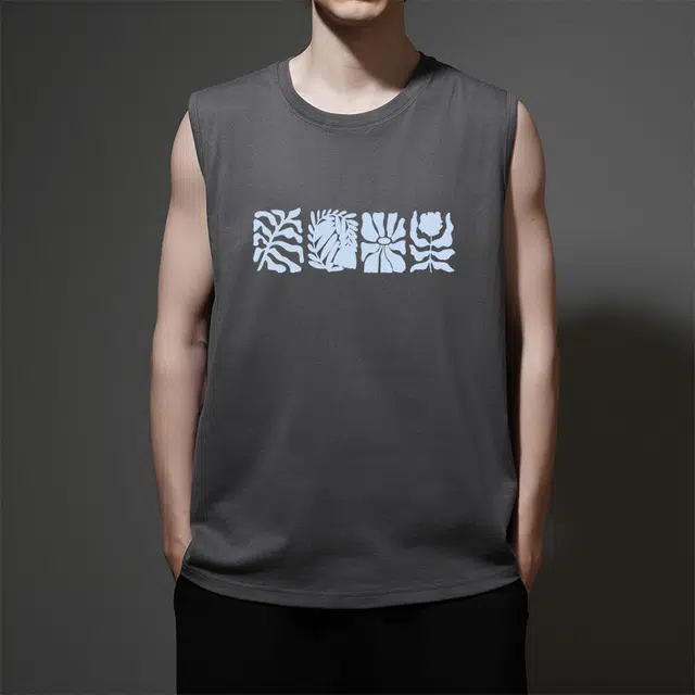 棉基因 夏季宽松圆领纯棉外穿剪影图案打底衫篮球运动数字简约花卉印花坎肩上衣无袖背心 男女同款