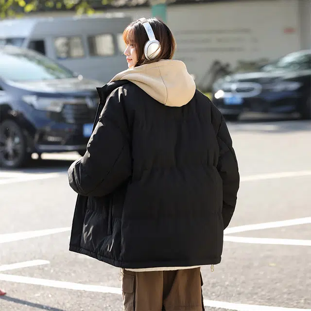 棉基因 冬季设计感撞色连帽假两件优质棉棒球服保暖高个小个子日系男简约潮流夹棉袄子美式高街工装青少年职场通勤学院棉衣外套 男女同款