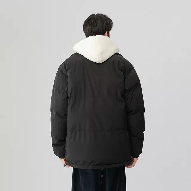 棉基因 冬季羊羔绒连帽假两件优质棉棒球服保暖高个小个子日系男简约潮流夹棉袄子美式高街工装风青少年职场通勤学院风棉衣外套 男女同款