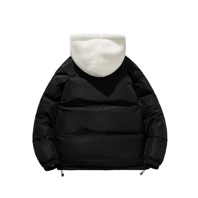 棉基因 冬季羊羔绒连帽假两件优质棉棒球服保暖高个小个子日系男简约潮流夹棉袄子美式高街工装风青少年职场通勤学院风棉衣外套 男女同款