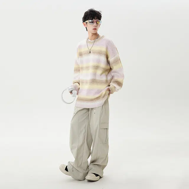 棉基因 彩虹撞色条纹毛线衣清新森系肌理感厚实内搭休闲运动氛围感职场通勤极简风女装高街美式亲肤打底衣松弛感青少年学院毛衣 男女同款