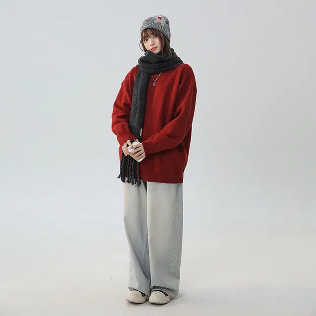 棉基因 新年红色本命年清新森系肌理感毛线衣厚实内搭休闲运动氛围感职场通勤极简风女装高街美式亲肤松弛感青少年学院风毛衣 男女同款