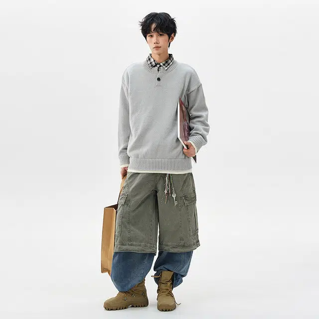 棉基因 清新森系拼色撞色肌理感毛线厚实内搭休闲运动氛围感职场通勤极简风女装高街美式亲肤打底衣松弛感青少年学院风毛衣 男女同款