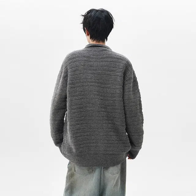 棉基因 老钱风翻领针织外套清新森系肌理感厚实内搭休闲运动氛围感职场通勤极简女装高街美式亲肤打底衣松弛感青少年学院风毛衣 男女同款