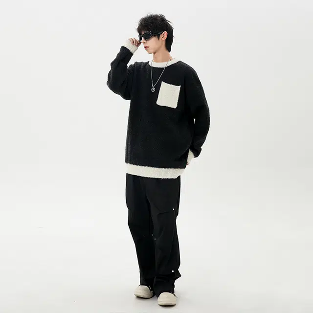 棉基因 个性潮流双色毛线衣清新森系肌理感厚实内搭休闲运动氛围感职场通勤极简风女装高街美式亲肤打底衣松弛感青少年学院毛衣 男女同款