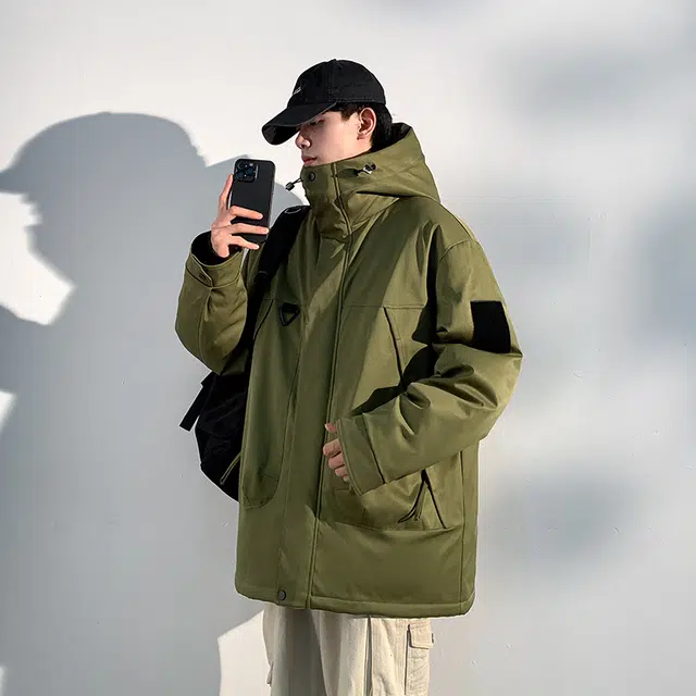 棉基因  冬季连帽撞色拼接优质棉日系工装风简约潮流夹棉袄子美式高街青少年职场通勤学院风  防风耐磨保暖防寒冲锋衣 男女同款