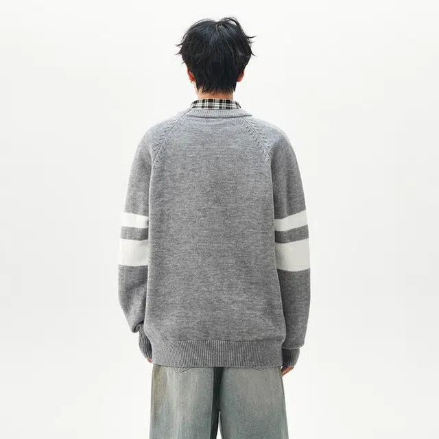 棉基因 清新森系拼接双杆拼色肌理感毛线厚实内搭休闲运动氛围感职场通勤极简风女装高街美式亲肤打底衣松弛感青少年学院风毛衣 男女同款