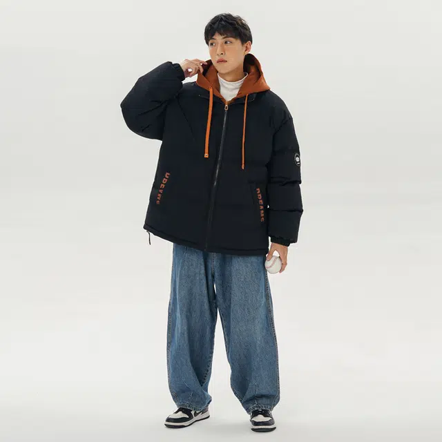 棉基因 冬季撞色假两件格纹连帽优质棉棒球服保暖高个小个子日系男简约潮流夹棉袄子美式高街工装风青少年职场通勤学院棉衣外套 男女同款