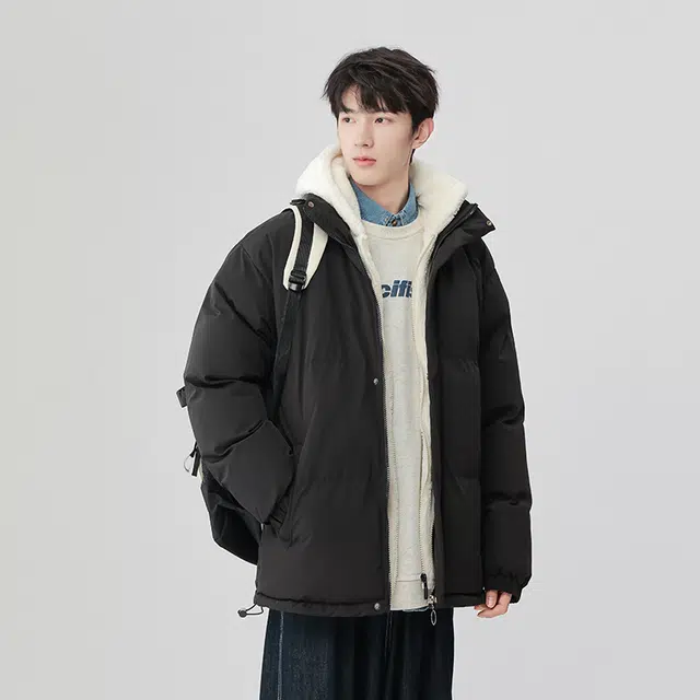 棉基因 冬季羊羔绒连帽假两件优质棉棒球服保暖高个小个子日系男简约潮流夹棉袄子美式高街工装风青少年职场通勤学院风棉衣外套 男女同款