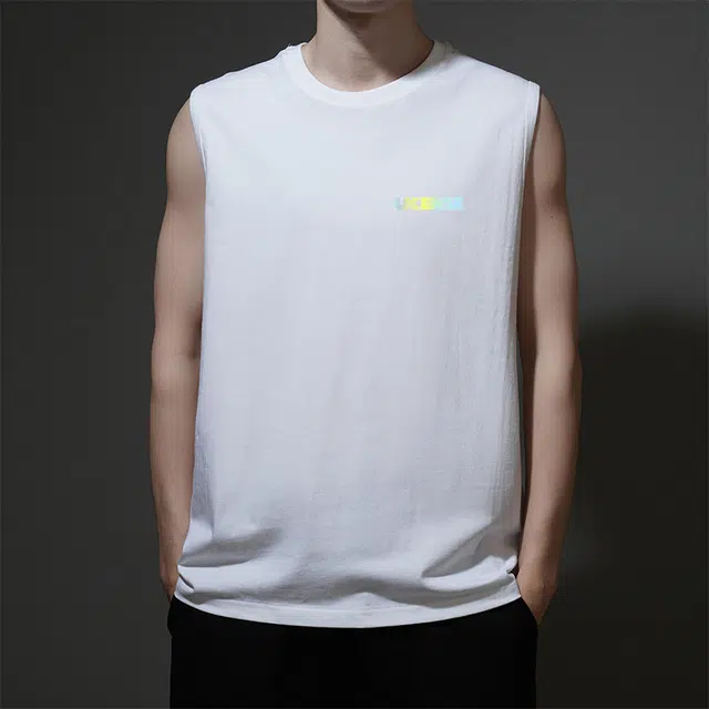 棉基因 宽松圆领纯棉外穿渐变色彩打底衫篮球运动数字条纹创意字母印花时尚简约无袖坎肩背心 男女同款